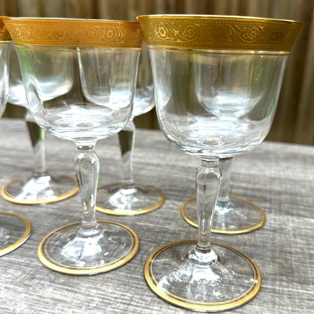 Tiffin Franciscan Minton Crystal Optic Gold Encrusted 5 3/8" Wine Glasses-Set 6